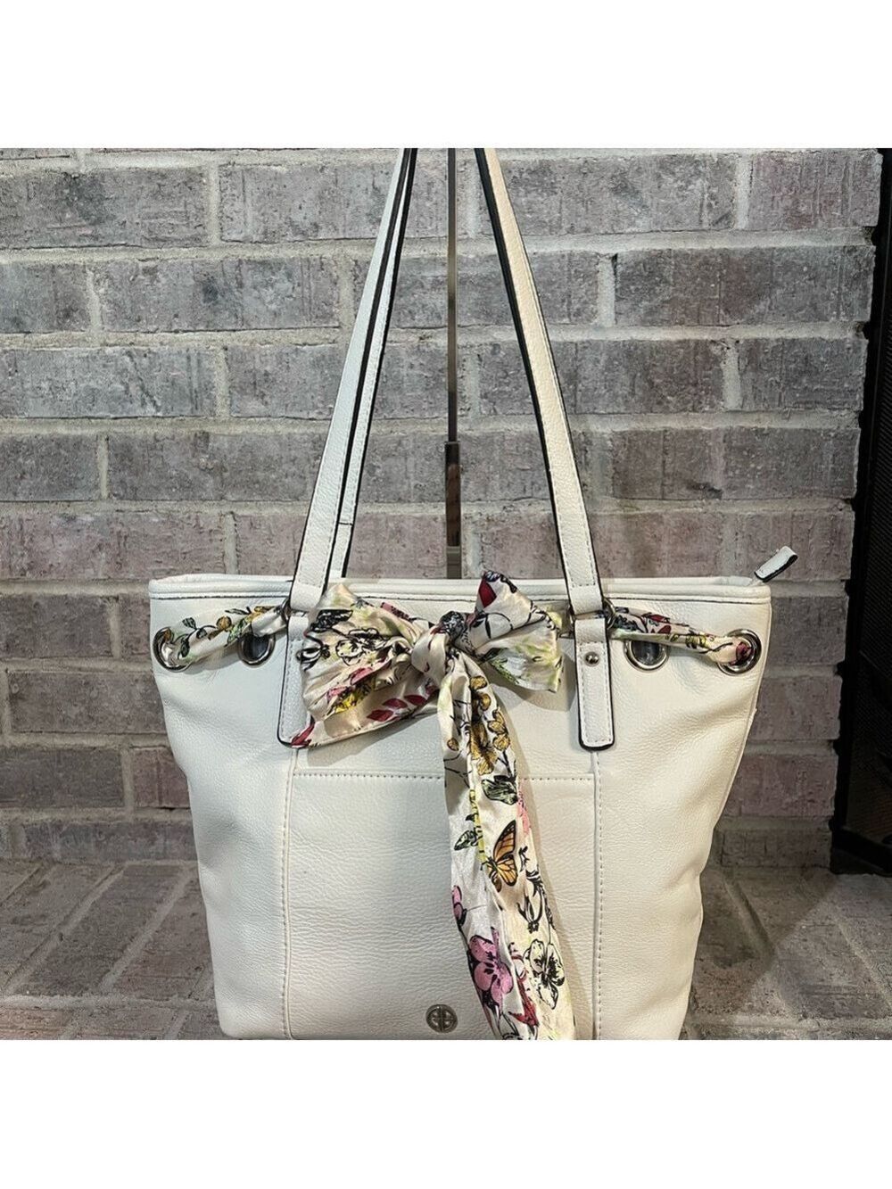 Giani Bernini White Tote with Floral Scarf Accent